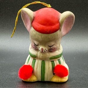 Jasco Christmas Ornament Lil Chimers Mouse Handpainted Bisque Porcelain Bell 80s